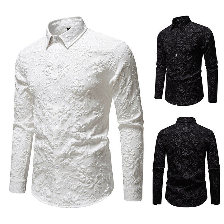 Men's elegant long sleeve shirt with modern floral relief design. Perfect for stylish formal or casual chic outfits.