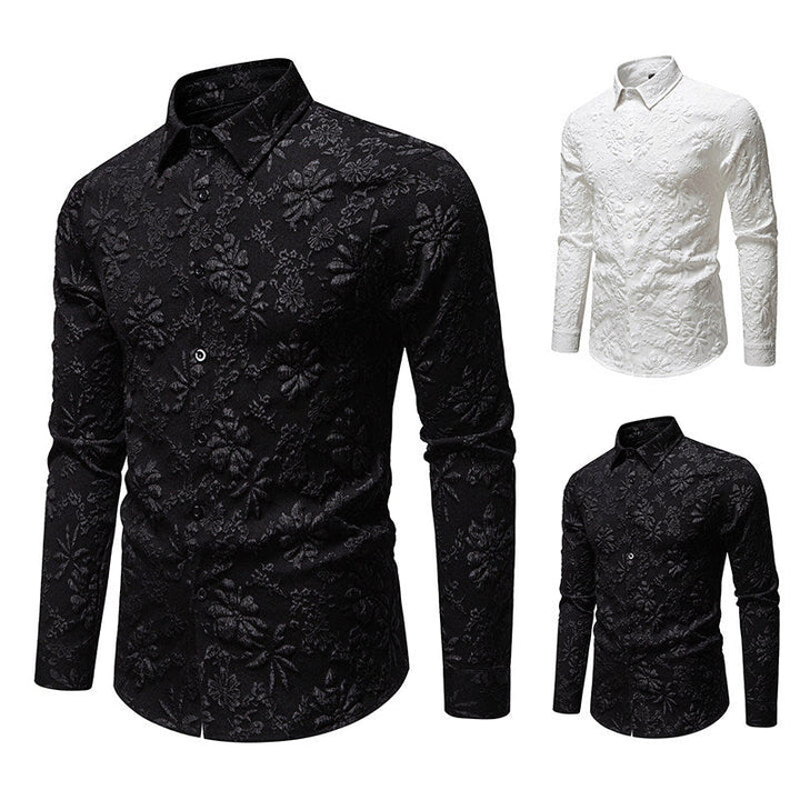 Slim fit men's long sleeve shirt, featuring a stylish floral relief pattern. A modern button-up for men's fashion.