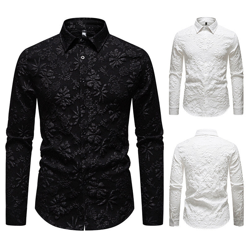 Modern style men's button-up shirt, long sleeve with elegant floral relief. A fashionable top for men's wardrobes.