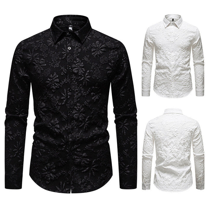 Modern style men's button-up shirt, long sleeve with elegant floral relief. A fashionable top for men's wardrobes.