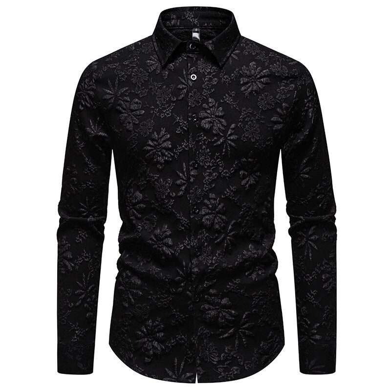 Long sleeve men's shirt featuring an intricate floral relief pattern. A sleek and modern addition to any outfit.