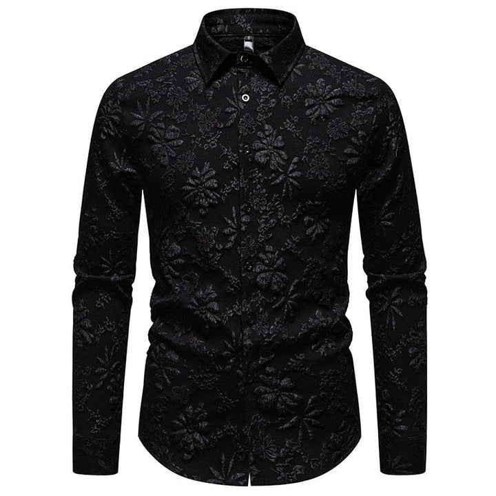 Long sleeve men's shirt featuring an intricate floral relief pattern. A sleek and modern addition to any outfit.