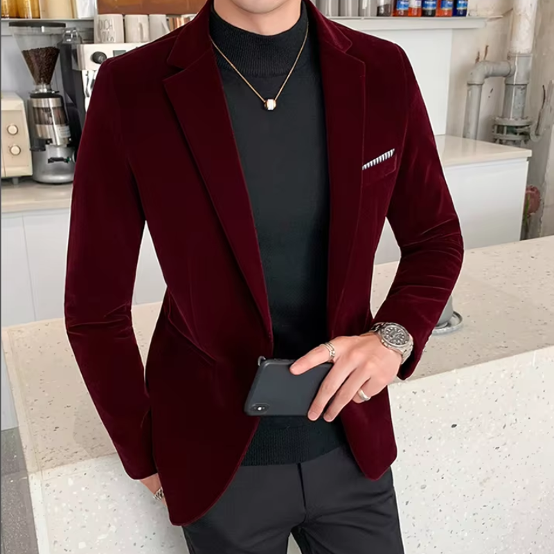Elegant long sleeve men's one-button blazer, suitable for dress wear & special occasions.