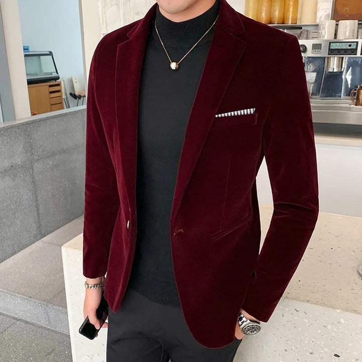 Men's formal one-button blazer, tailored slim fit for weddings, parties, or business.