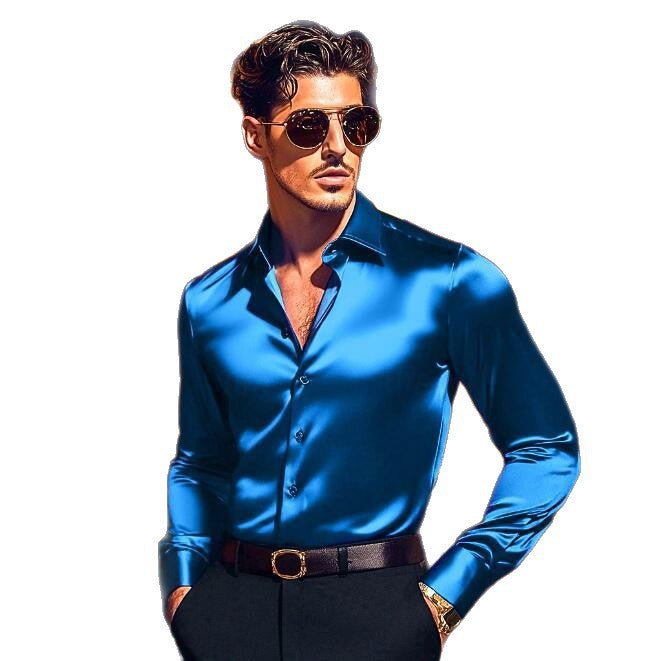 A man in a smart, fitted long-sleeve elegant shirt