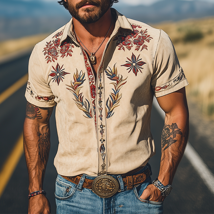Men's elegant short sleeve shirt with intricate floral embroidery. Perfect for smart casual or unique western wear.