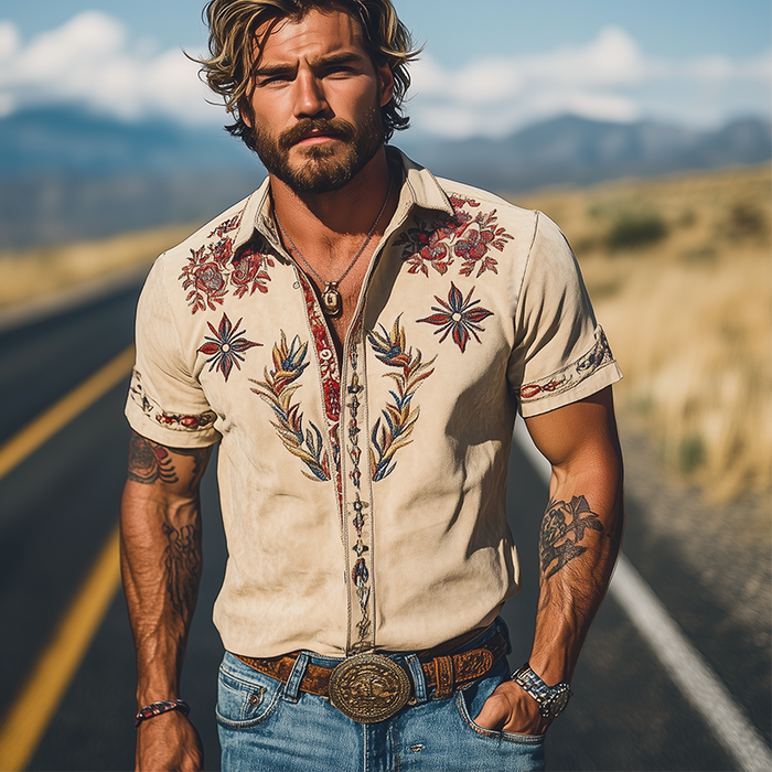 Stylish men's floral embroidered short sleeve shirt, ideal for unique smart casual and sophisticated western apparel.