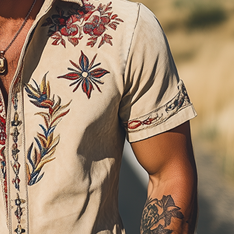 Men's fashion embroidered short sleeve floral shirt, a sophisticated apparel choice for smart casual occasions.