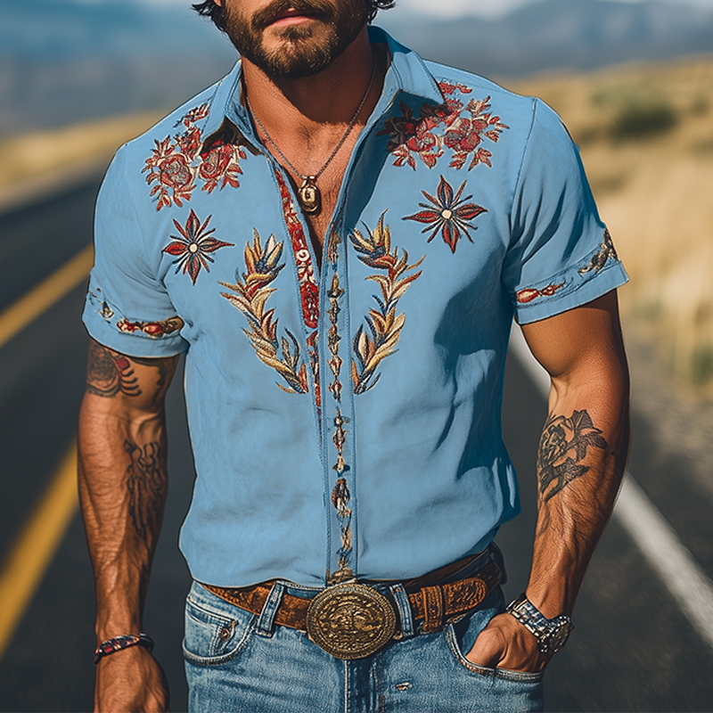 Unique men's short sleeve shirt featuring bold floral embroidery, ideal for western wear or a smart casual outfit.