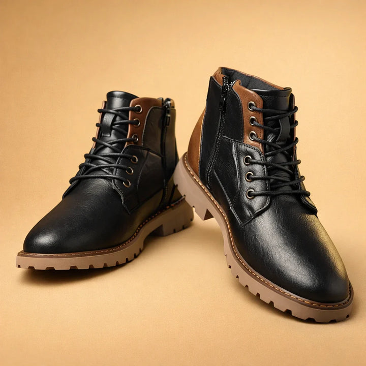 Men's polished black ankle zipper boots, ideal formal footwear for smart casual and all-season wear.