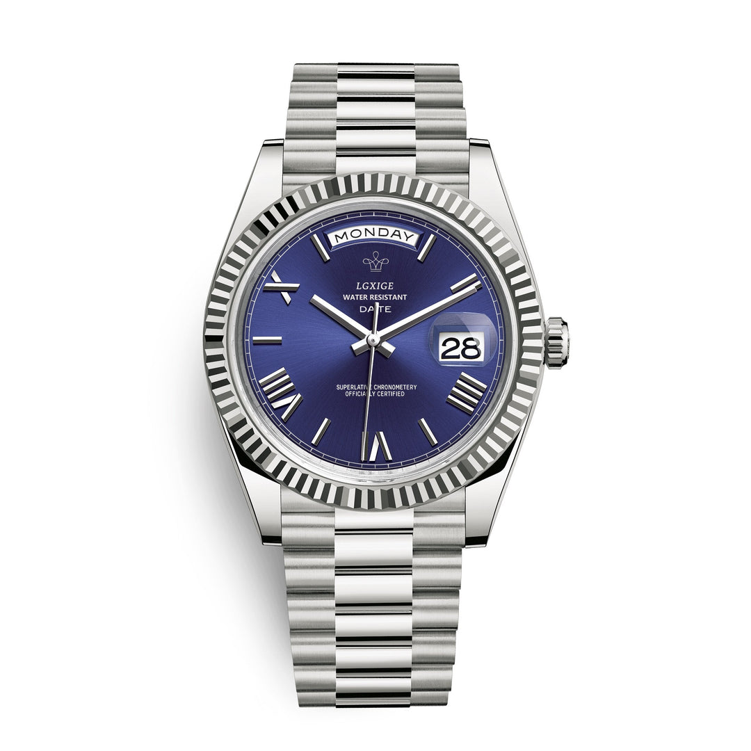 Men's elegant stainless steel quartz watch with day and date display.