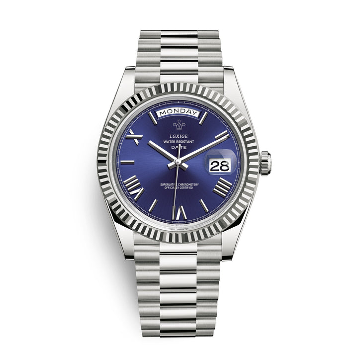 Men's elegant stainless steel quartz watch with day and date display.