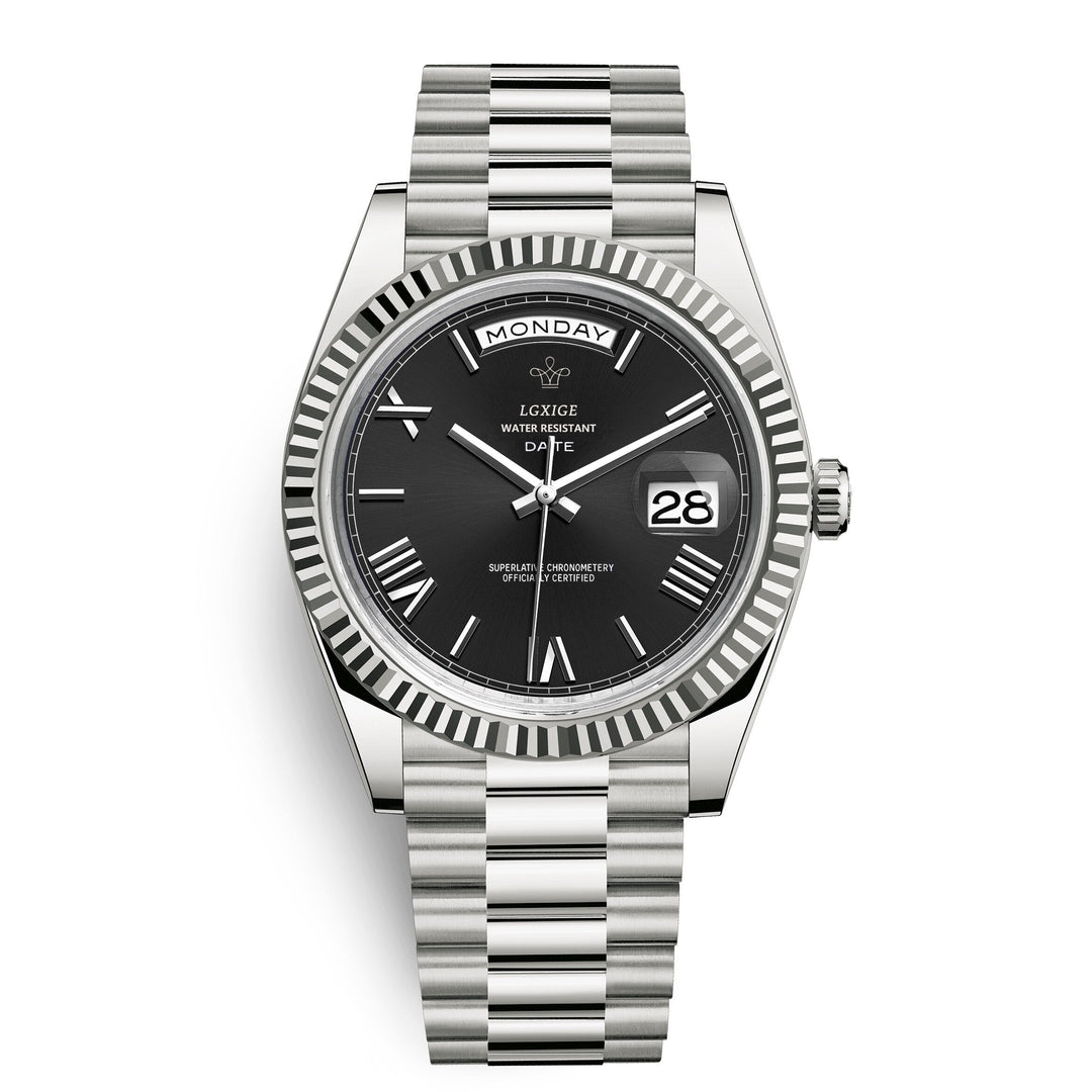 Men's elegant timepiece with integrated day and date complications, quartz powered.