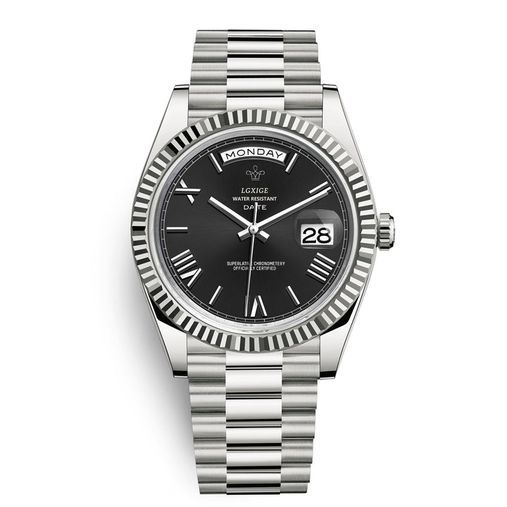 Men's elegant timepiece with integrated day and date complications, quartz powered.