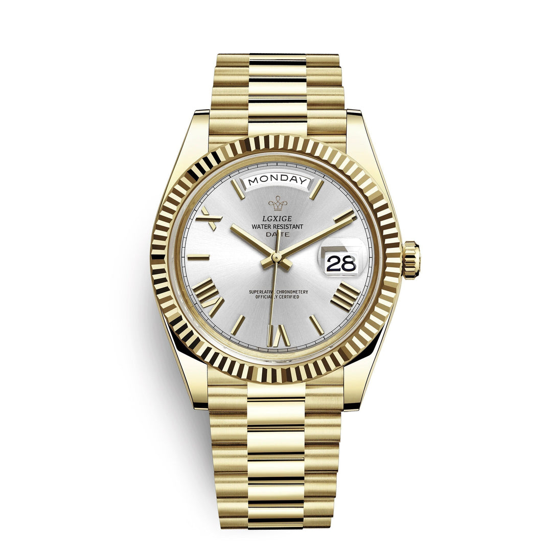 Modern men's quartz watch with a sophisticated look and essential day/date display.