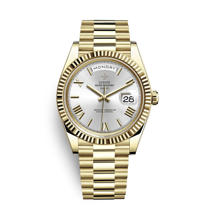 Modern men's quartz watch with a sophisticated look and essential day/date display.