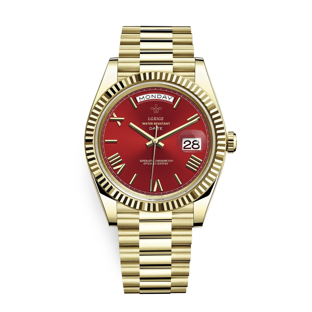 Timeless men's stainless steel watch with functional day and date indicators.