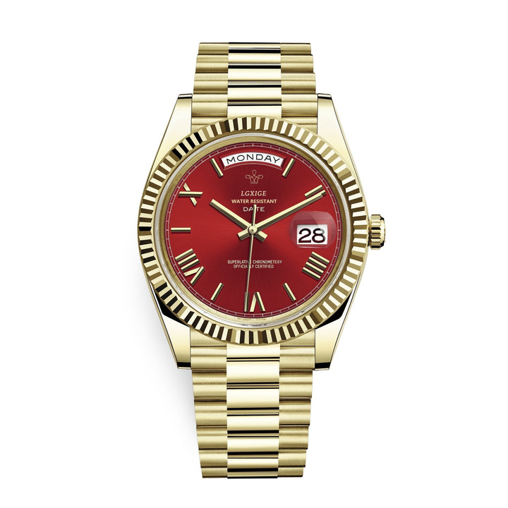 Timeless men's stainless steel watch with functional day and date indicators.