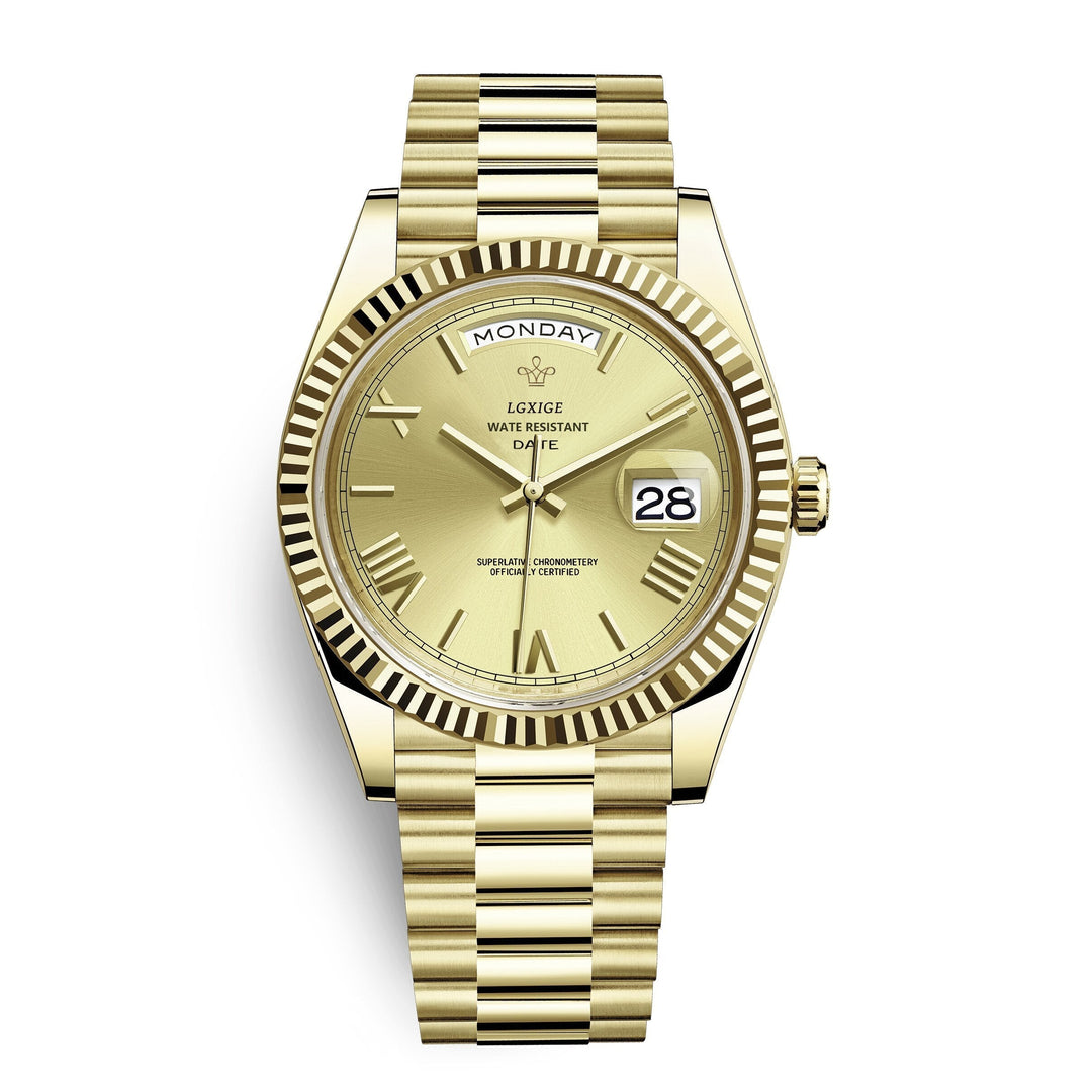 Men's durable watch with a polished stainless steel band and clear display.