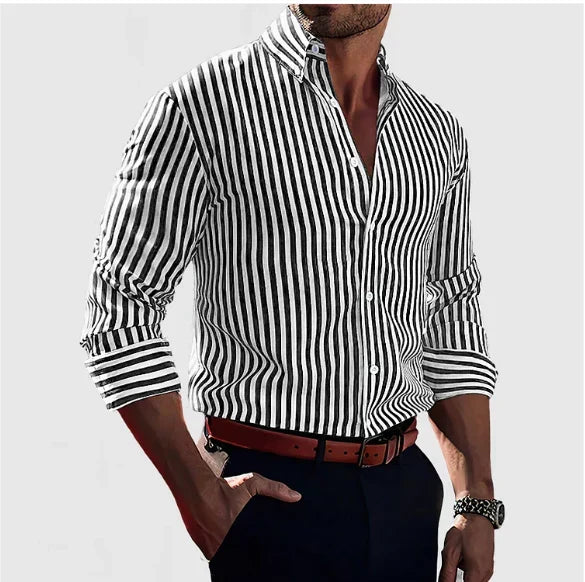 Versatile men's striped button-down shirt, ideal for smart casual, business events, or a sophisticated look.