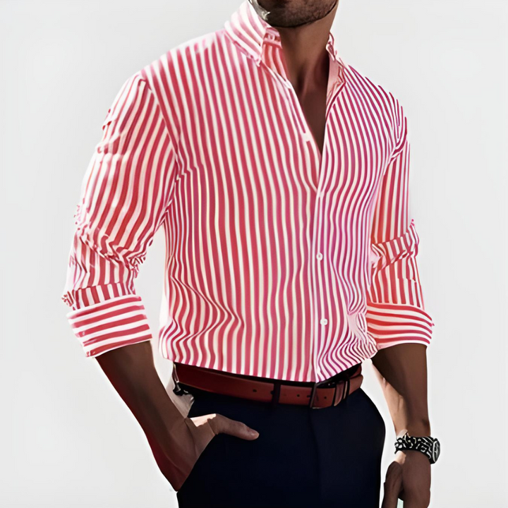 Classic men's striped button-down shirt with a refined pattern, offering an elegant and fashionable look.