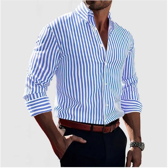Sophisticated men's striped button-down shirt, a timeless piece for formal wear or elevated everyday style.