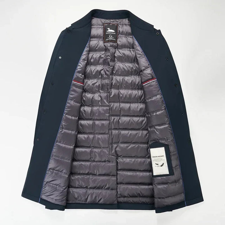 Men's warm, water-repellent trench coat. Down-filled for winter, tailored fit. Stylish outerwear for men's fashion.