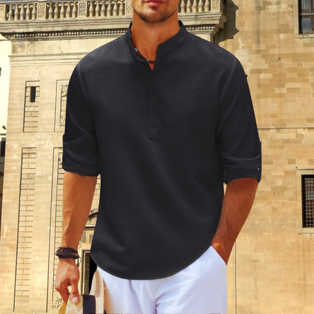 Comfortable classic men's casual button down shirt with an elegant up collar and long sleeves for daily fashion.