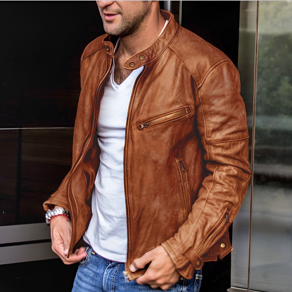 New men's elegant waterproof jacket, sleek design for all-season wear. Durable protective outerwear for modern men's fashion.