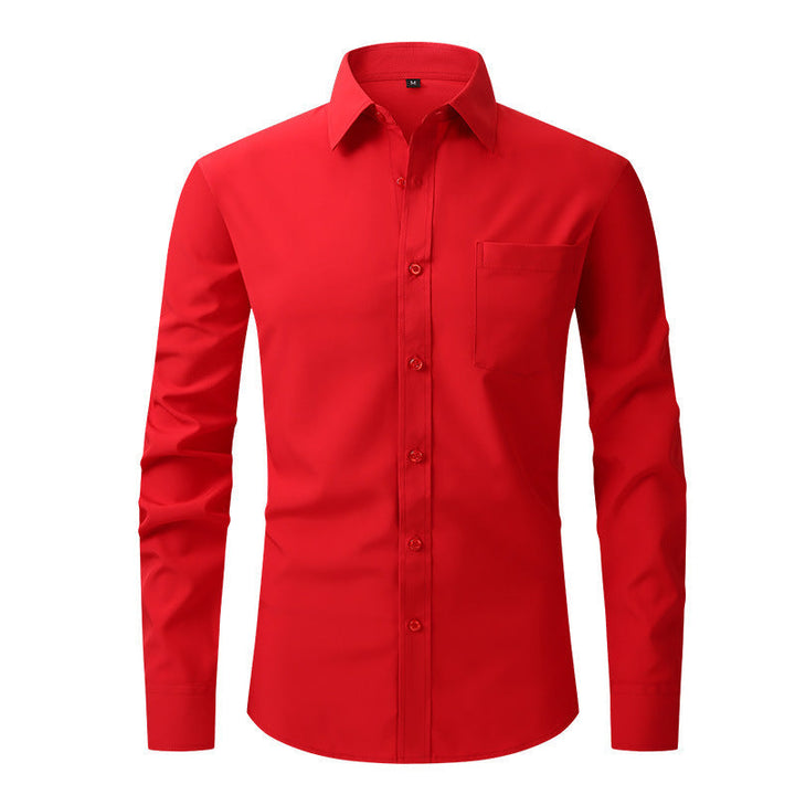Premium men's dress shirt, solid white, long sleeve, essential for professional wardrobes.