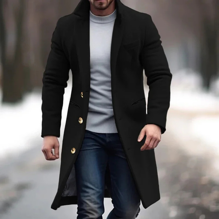 Men's elegant wool-like blend overcoat, perfect for warm winter layering.