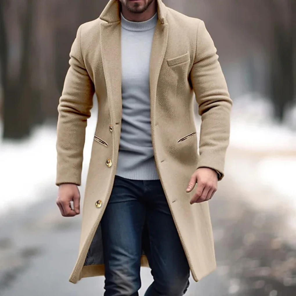 Classic men's long wool blend coat, ideal for business casual and smart outfits.