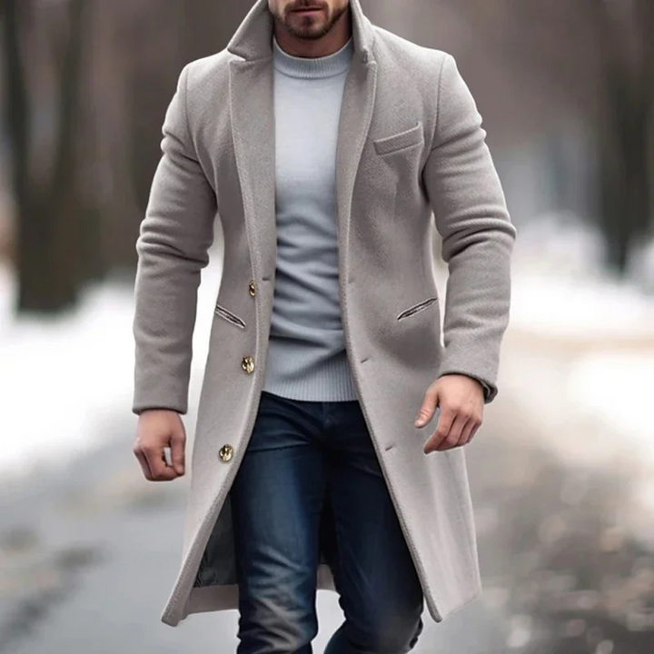 Stylish men's winter jacket with a warm, wool-like texture for cold days.