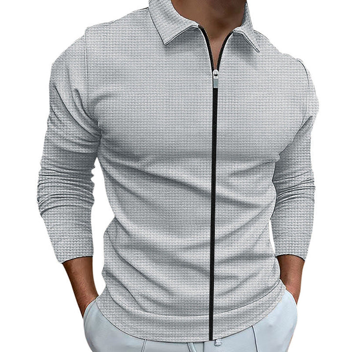 Stylish men's long sleeve zip-up casual shirt, designed for ultimate comfort and everyday elegance.