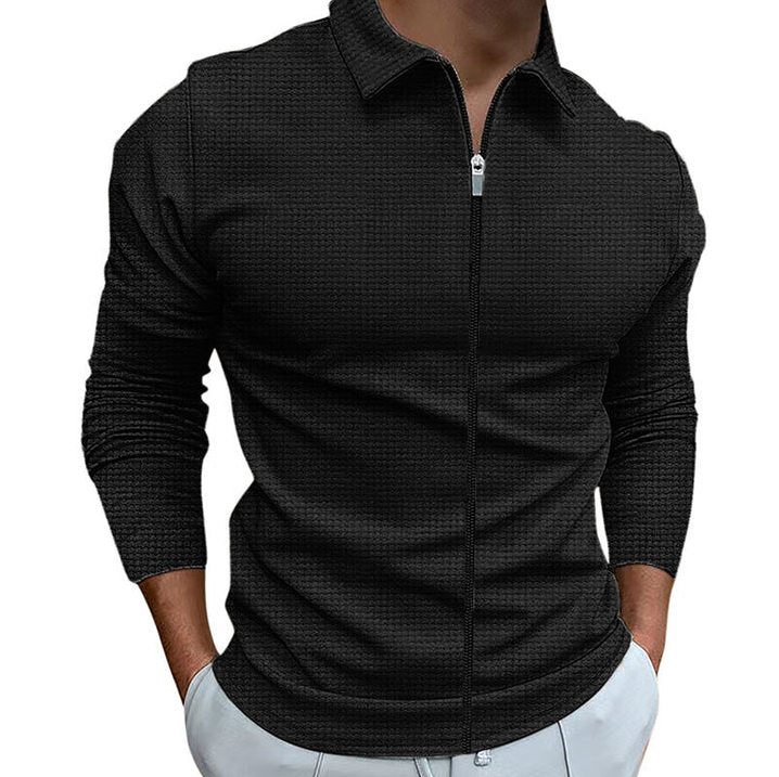 Elegant men's zip-up collared shirt, offering a sophisticated casual style with comfortable fit.
