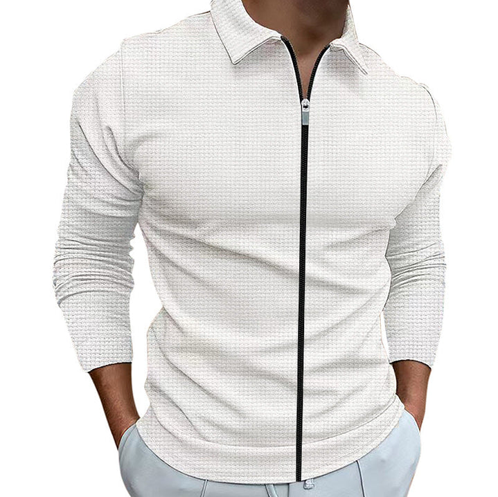 Comfortable men's long sleeve zip-up shirt, ideal for a stylish and versatile casual everyday ensemble.