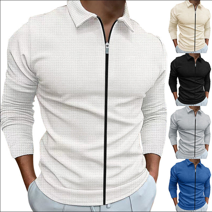 Modern men's zip-up casual shirt, featuring a stylish collared long sleeve design for everyday wear.