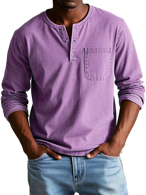 Men's relaxed fit long sleeve shirt with a classic button neck design