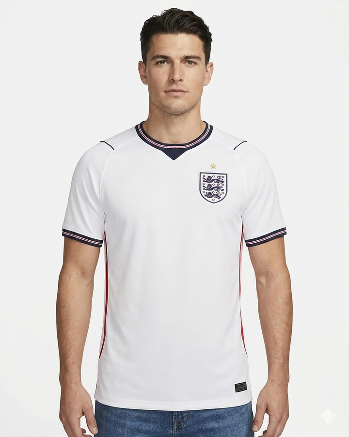 Full view of the Men's England away football shirt. Lightweight & breathable World Cup fan jersey.