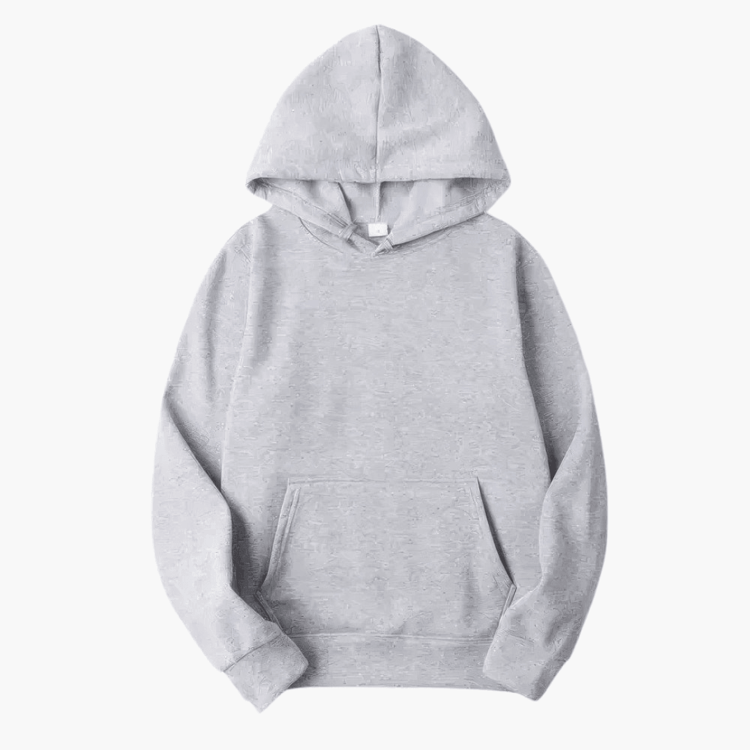 Model wearing a men's versatile grey hoodie for casual streetwear style