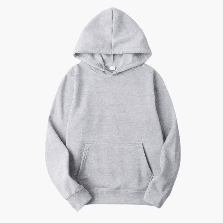 Model wearing a men's versatile grey hoodie for casual streetwear style