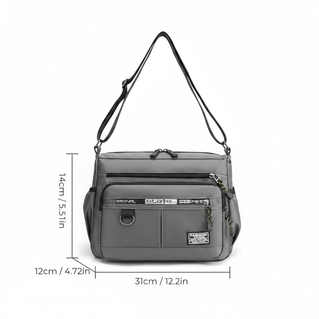 Man wearing a durable men's messenger bag, ideal for urban travel and daily use.