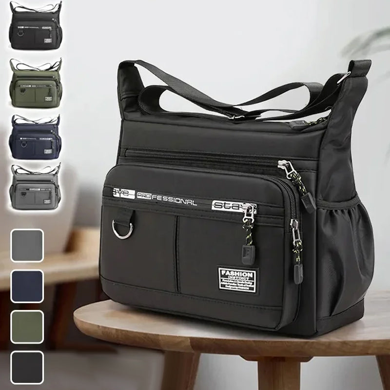 Spacious interior of a men's daily carry bag with multiple compartments for organization.