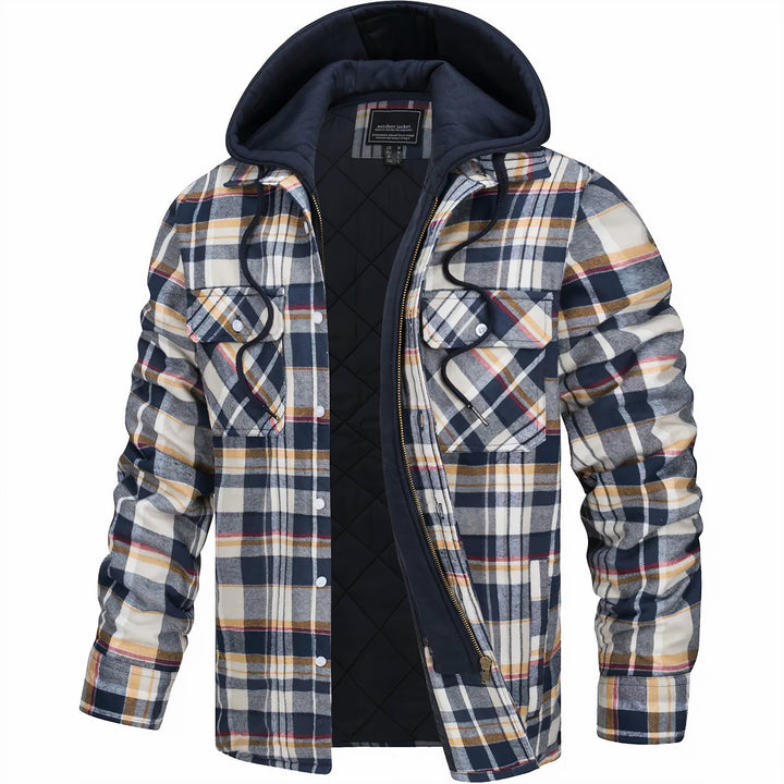 Warm men's padded winter jacket with hood, ideal for outdoor gear & adventure in cold weather.