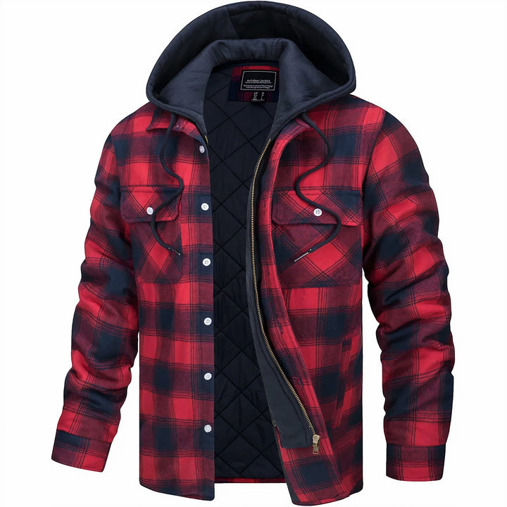 Rugged men's padded jacket, flannel style, perfect warm coat for casual wear & winter adventures.