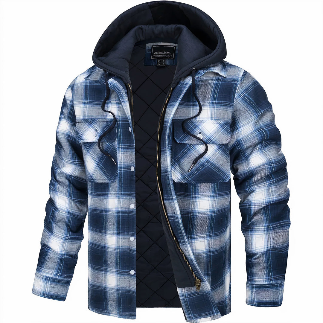 Front view of a rugged men's padded winter jacket, designed for warmth, comfort, and outdoor use.