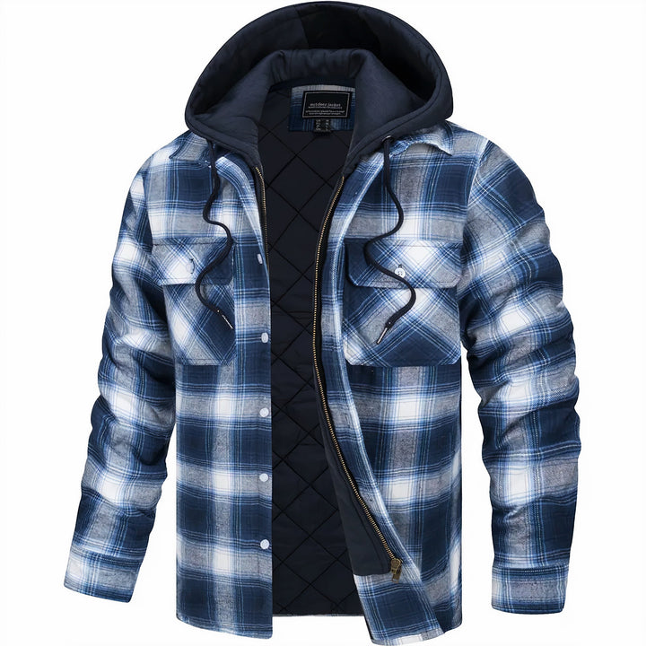 Front view of a rugged men's padded winter jacket, designed for warmth, comfort, and outdoor use.