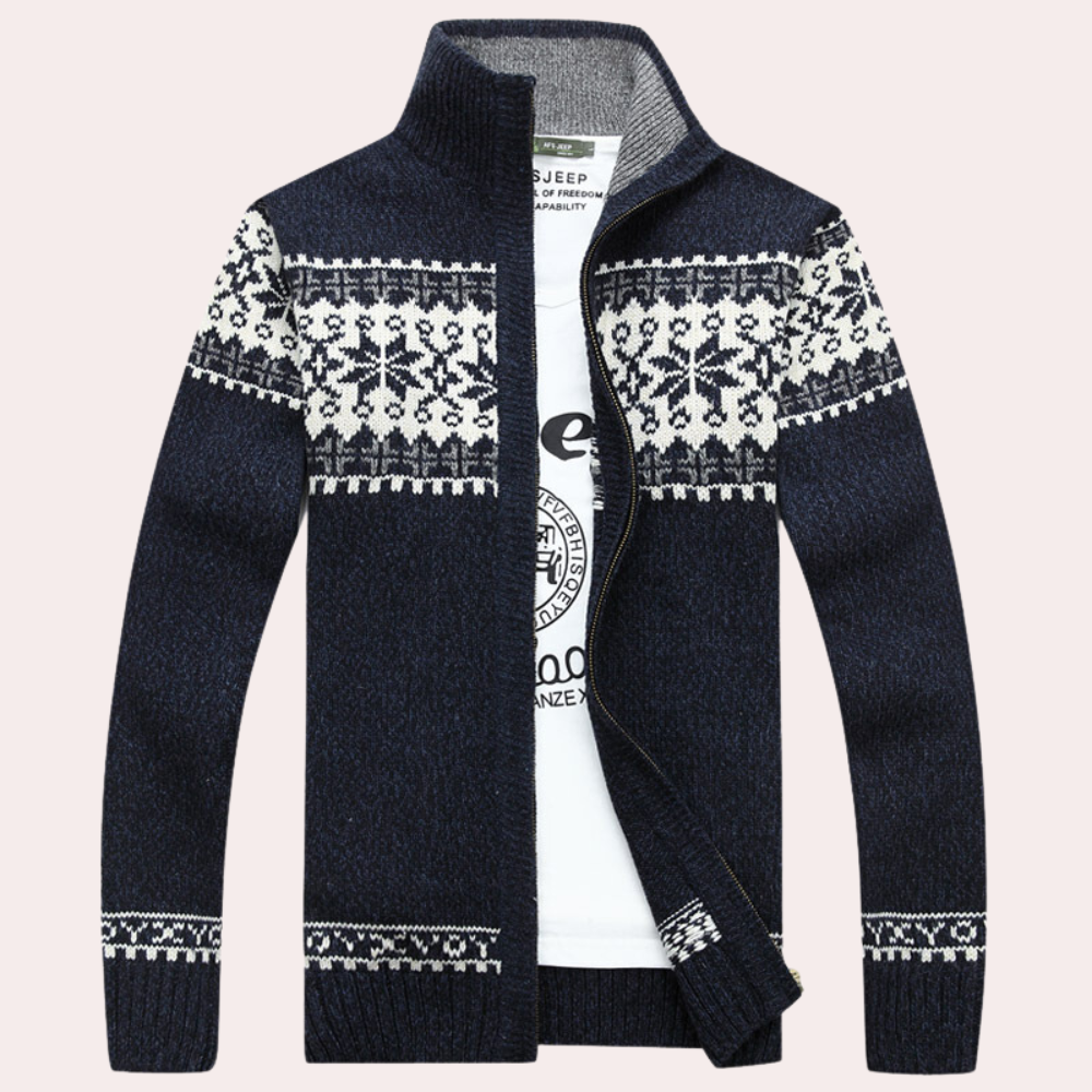 Men's Fair Isle pattern zip-up jacket. Cozy winter outerwear with a stylish, warm design.