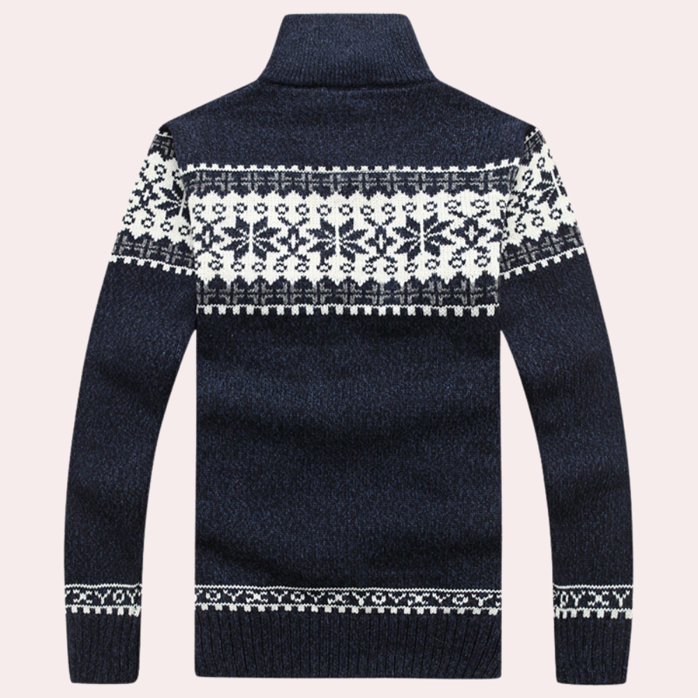 Classic men's Fair Isle patterned zip-up jacket. Perfect for fall & winter casual wear, warm & stylish.