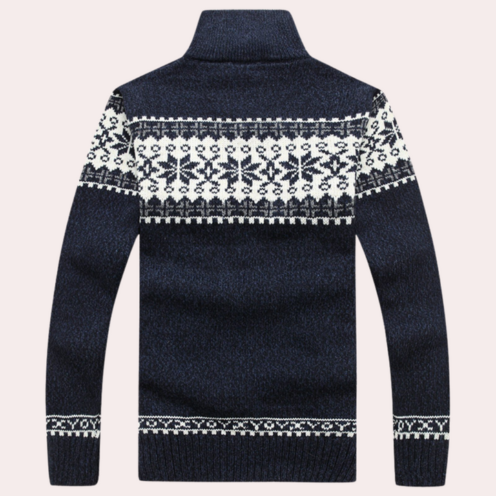 Classic men's Fair Isle patterned zip-up jacket. Perfect for fall & winter casual wear, warm & stylish.